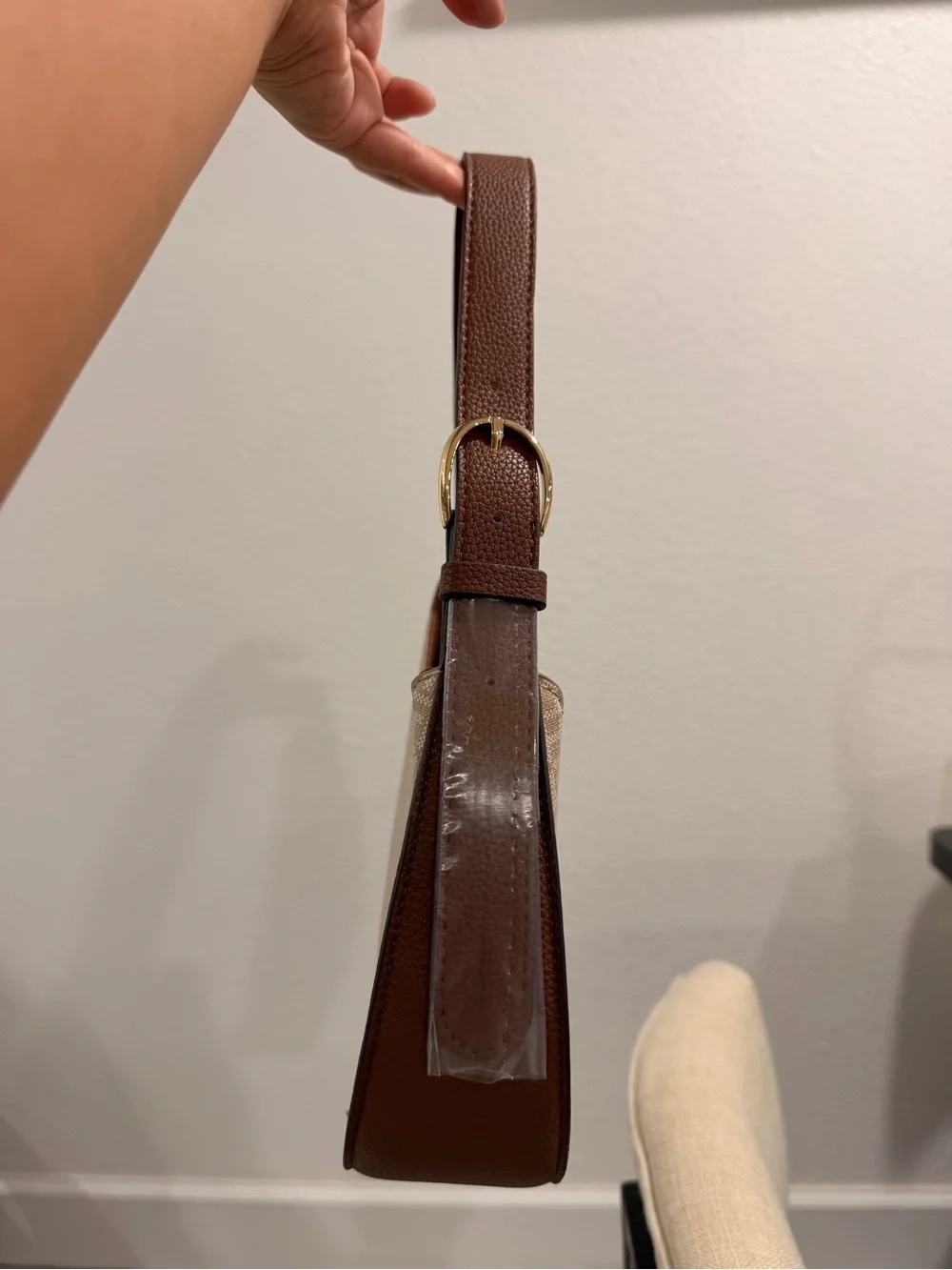 Tommy Hilfiger Beige Monogram Shoulder Bag with Brown Trim